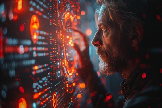 Man using touchscreen with holographic data visualization and digital interaction photo