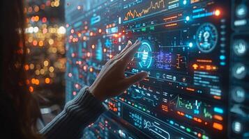 A futuristic screen is being interacted with by a person using their finger photo