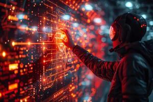 Man in helmet and headphones is touching futuristic screen photo