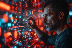 In a dimly lit space, a gentleman gazes at a computer display photo