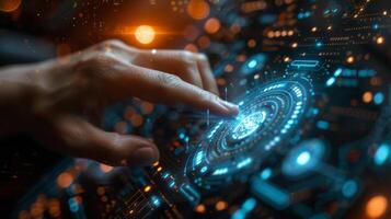 A person interacts with a futuristic screen by touching it with their finger photo