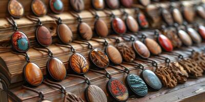Wooden necklaces are displayed on a rustic wooden table photo
