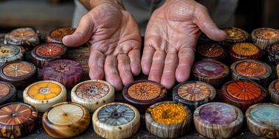 A person is holding a collection of round wooden pieces in their hands photo