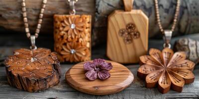 There are wooden necklaces displayed on the table photo