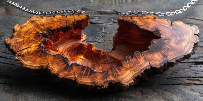 A piece of wood with a hole in it hangs on a chain photo