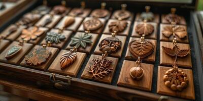 A wooden box overflowing with a diverse assortment of wooden pendants photo