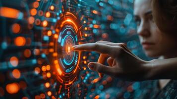 A woman is interacting with a hightech display using her finger photo