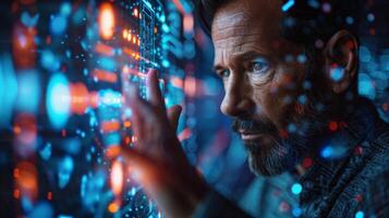 Man in futuristic scenario interacts in virtual reality, experiencing digital immersive world photo