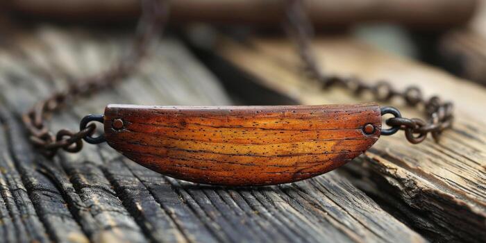 A wooden bracelet is resting on a table that is also made of wood photo