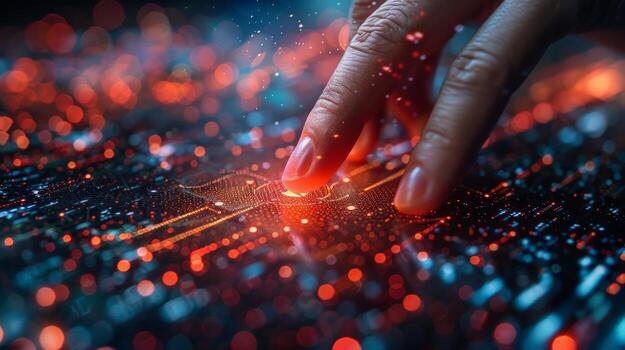 A person s finger is pointing at a glowing object in darkness photo