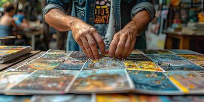 A man is assembling a jigsaw puzzle on a table at home photo