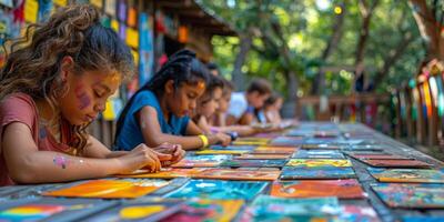 Young girls in a public space paint at a long table photo