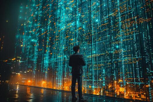 Man in suit stands in front of wall of glowing lights photo