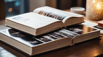 two open books on a table with a candle photo