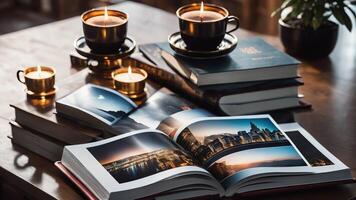 two open books on a table with a candle photo