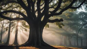 a large tree in the middle of a foggy forest photo