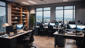 modern office with desk and chairs in front of a window photo
