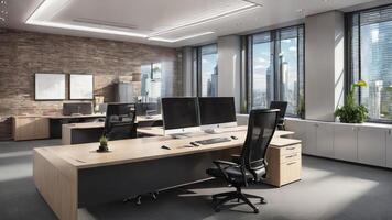 modern office with desk and chairs in front of a window photo