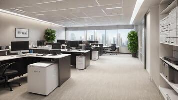 modern office with desk and chairs in front of a window photo