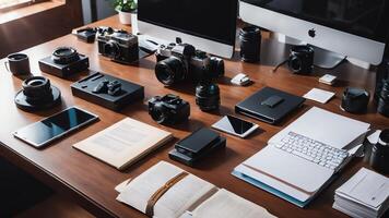 a desk with a computer, camera, and other items photo