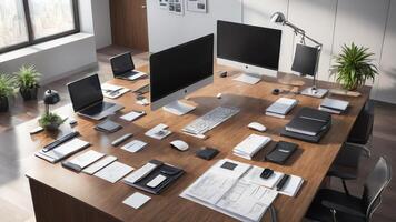 a desk with a computer, camera, and other items photo