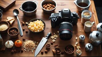 a camera, food, and other items on a table photo