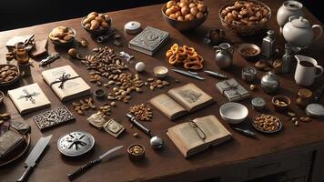 a table with various items on it including nuts, nuts, and other items photo
