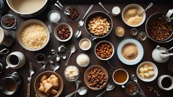 a camera, food, and other items on a table photo