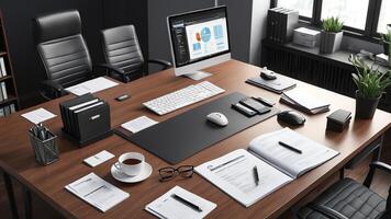 a desk with a computer, a laptop, and a cup of coffee photo