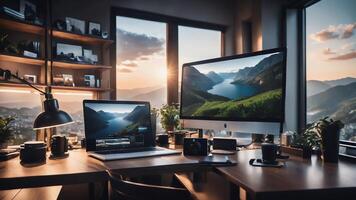 a computer and monitor sitting on a desk in front of a window photo