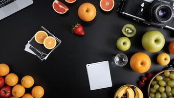 table with a laptop, notebook, and fruit photo