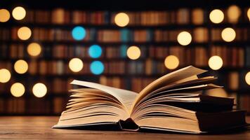a stack of books on a table with red lights photo