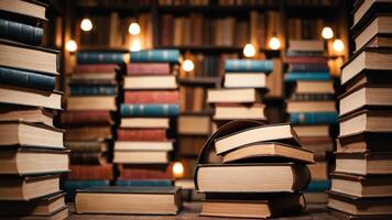 a stack of books on a table with red lights photo