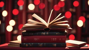 a stack of books on a table with red lights photo