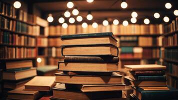a stack of books on a table with red lights photo