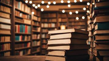 a stack of books on a table with red lights photo