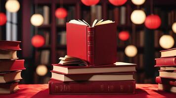 a stack of books on a table with red lights photo