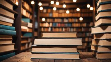 a stack of books on a table with red lights photo