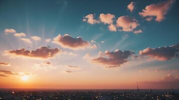 a beautiful sunset over a field with grass and clouds photo