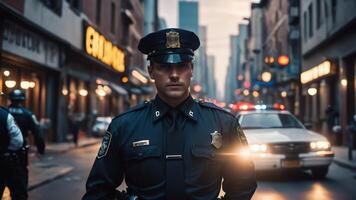 policía carros conducción abajo un ciudad calle a noche foto