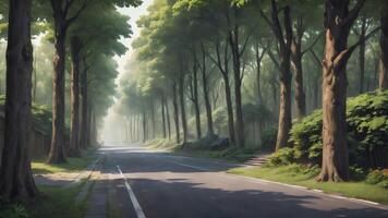 an empty road lined with trees in the middle of a forest photo