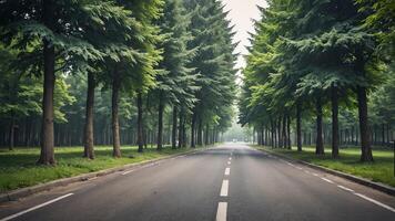 an empty road lined with trees in the middle of a forest photo