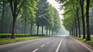 an empty road lined with trees in the middle of a forest photo