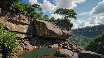 cliffs, trees, rocks in wilderness scene photo