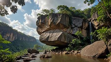 cliffs, trees, rocks in wilderness scene photo