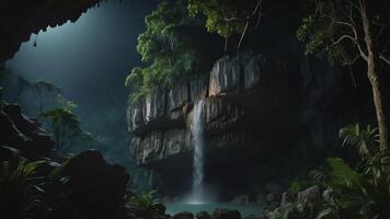 beautiful view of the cliff at night with trees and extensive forest photo