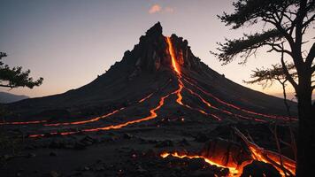 a volcano with lava flowing out of it photo