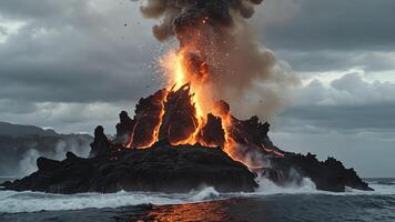 a volcano is erupting into the ocean with black lava photo