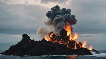 a volcano is erupting into the ocean with black lava photo