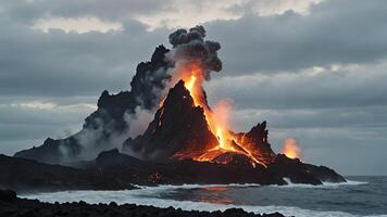 a volcano is erupting into the ocean with black lava photo